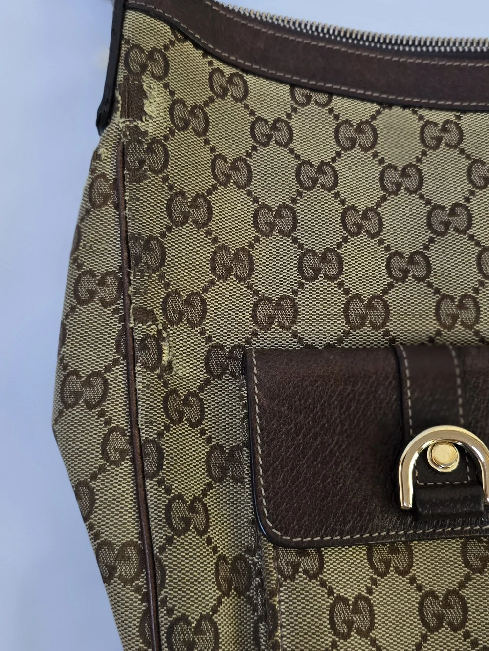 Gucci GG Monogram Canvas Double Pocket Hobo Bag Brown Leather Italy